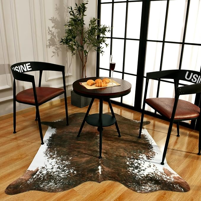 BENRON Faux Cowhide Rug, Cow Print Rug for Living Room Bedroom 4.6x5.2ft | Western cow hide rug for Cowboy Cowgirl Home Decor, Washable Rugs with Irregular Animal Skins and Hides Non Slip, Olive Green