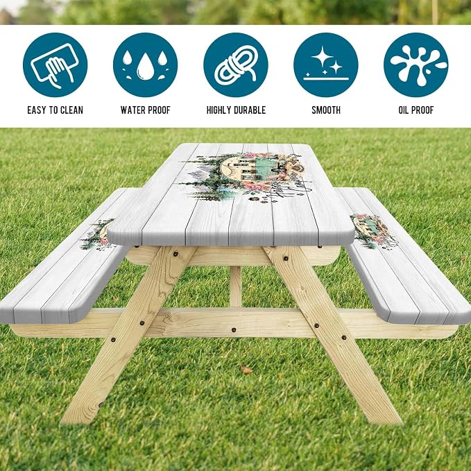 Picnic Table with Bench Covers 3PCS, Happy Camper Floral Forest Waterproof Windproof, Fitted Tablecloth Elastic Edge Drawstring Bag, Camping Essentials for BBQ RV Outdoor Party, 30X60 inch