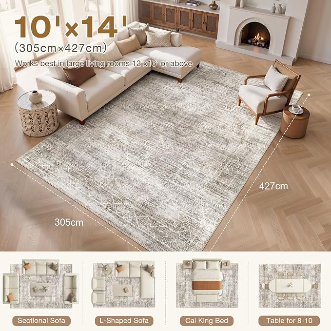 cotiled Boho 10x14 Area Rugs for Living Room: Large Moroccan Washable Rug | Solve Modern Neutral Trendy Home Decor - Stain Resistan Carpet for Bedroom Farmhouse Dining Room Brown Grey