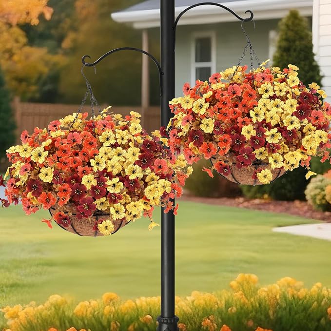 2 Set Artificial Hanging Basket Fall Flowers, UV Mixed Mums for Outdoors | Fake Faux Look Real Mums Plants for fall Decor Thanksgiving Displays Front Doors Patios Balconies Yards