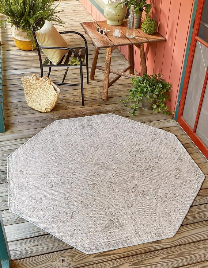 Unique Loom Outdoor Aztec Collection Area Rug - Coba (7' 10" Octagon, Light Gray/ Ivory)