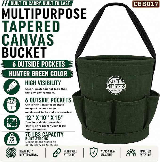 Graintex Tapered Canvas Bucket 12"x10"x15", Utility Tool Bucket 6 Pockets Outside, Reinforced Base & Carry Handle, Ripstop Canvas, Multi-Purpose Bag for Jobsite & Home Use (Hunter Green)
