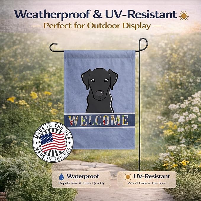 Caroline's Treasures BB1421GF Black Labrador Welcome Garden Flag, Blue Mailbox Flag Decorative Yard Flag Banner Outside Patio Artwork Yard Flower Beds, Garden Size, Multicolor