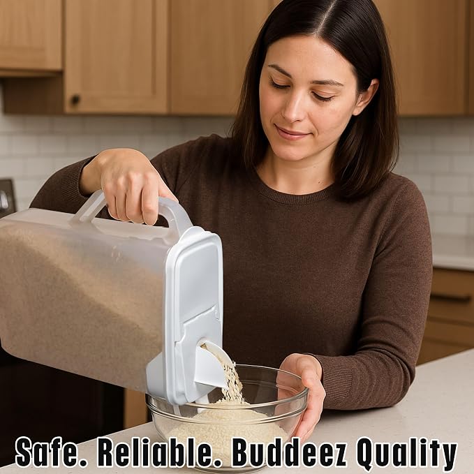 Buddeez Bulk Food Storage Container - 8 Quart All Purpose Clear & Large Pantry and Kitchen Organization and Storage - Cereal, Bird Seeds, Flour, Sugar, Rice Dispenser, EZ Grip Handle (White Lid)