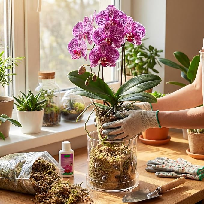 7 Inch Clear Acrylic Orchid Planter Pot with 360° Round Holes & Tray, Thick Acrylic Vented Planter for Phalaenopsis, Root Airflow, Bottom Watering & Indoor Orchid Repotting