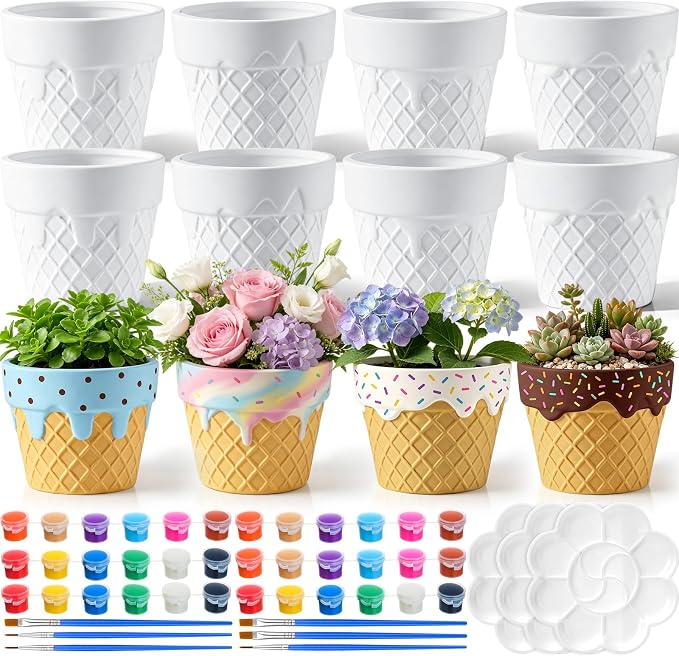Zubebe 12 Pcs Paint Your Own Ceramic Pots Bulk Unfinished Succulent Pots Craft Kit with Drainage Hole Mini Paintable Plant Vase Ready to Paint Planter for Cactus DIY Craft (Ice Cream)