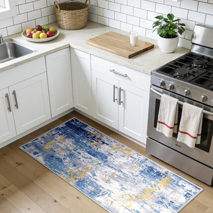 RELEANY Washable 2'x5' Abstract Area Rug for Living Room Blue Gold | Carpet for Bedroom, Kitchen, Office, Hallway and Entryway, Printed Pattern, Non‑Slip, Soft, Stain‑Resistant, Easy to Clean