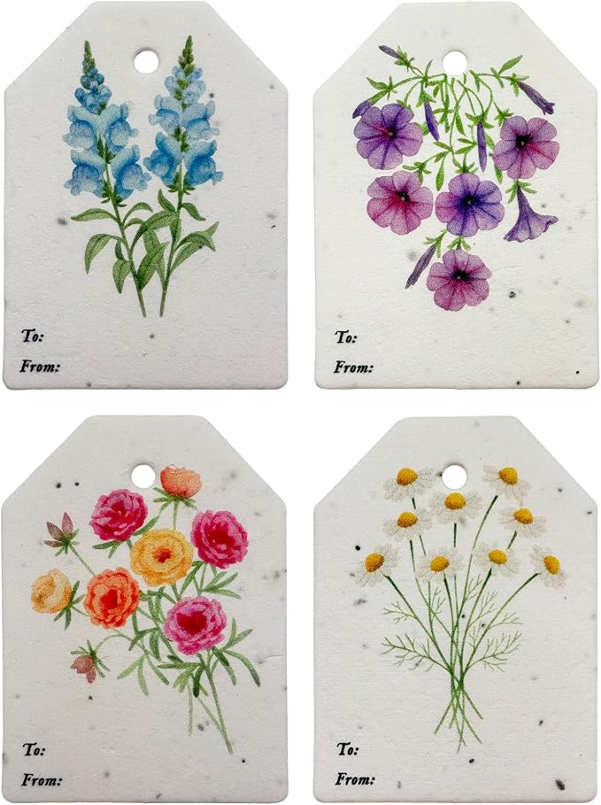 48Pcs Plantable Seed Paper Tags with Wildflower Seeds 4 Floral Designs 12 Each Thank You Tags for Birthdays, Weddings, Baby Shower, Bridal Shower, Teacher, Wrapping Tags, Party Favors