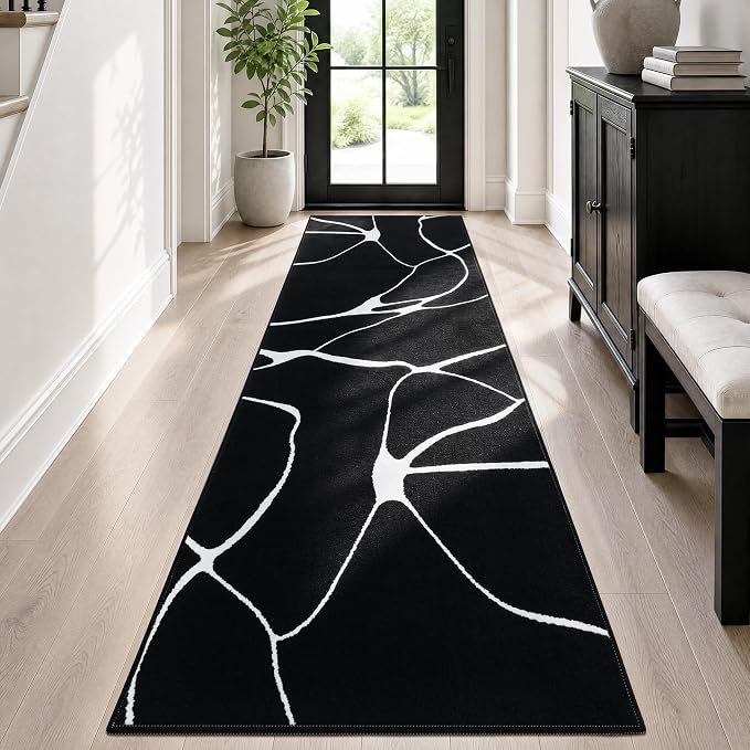 2x6 Washable Modern Black White Kitchen Runner Rug | Ultra-Thin Low Pile, Non-Slip TPE Backing, Soft Stain Resistant, Machine Washable, for Bedroom Livingroom High Traffic