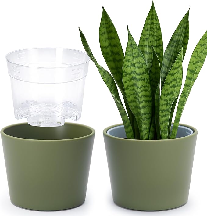 Phoenix Vine 6.6 Inch Olive Plastic Cachepot with Clear Nursery Pot, Decorative Lightweight Planter Cover with Transparent Inner Pot for Indoor Houseplants, Pack of 2, 24-C-F-2