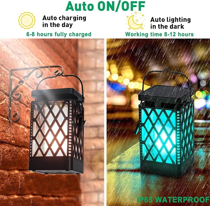 Solar Lanterns-Sunklly Hanging Solar Lights Color Changing & Fixed 9 Modes Waterproof Hanging Lanterns Outdoor Lights Flickering Flame Camping Lanterns Decoration for Garden Patio Pathway(2 Pack)
