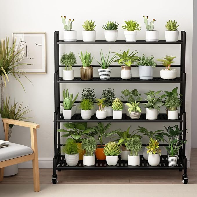 YIZAJIA Plant Stand Indoor 4 Tier Metal Outdoor Tiered Stands Shelf With wheel for Multiple Plants Potted Ladder Plant Holder Table Plant Pot Stand for Window Garden Balcony Living Room