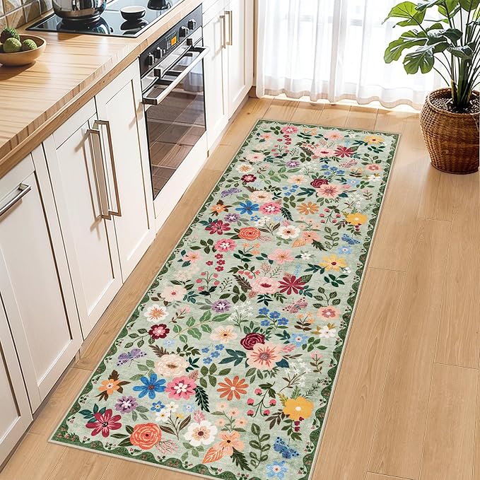 PLHXFR 2x6 Washable Runner Rug：Floral Indoor Kitchen Soft Carpet Green | For Hallway Bedroom Kitchen Laundry Bathroom Dorm,Vintage Floral,Machine washable,Non Slip,Stain Resistant,Indoor Floor