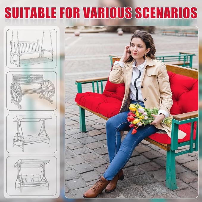 Porch Swing Cushions 2 Seater Replacement Thicken 5" Waterproof & Fade Resistant Swing Cushions for Outdoor Furniture Bench Patio Swing Cushion with Backrest & Ties(Rose Red 40x40x5inch)