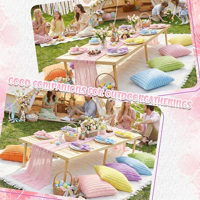 Beeveer 14 Pack Picnic Kit 91x71 Extra Large Outdoor Boho Picnic Blanket with Pastel Table Runner, 6 Throw Pillow Covers 6 Napkin Woven Cotton Yarn Oversize Washable Beach Blanket for Camp Wedding