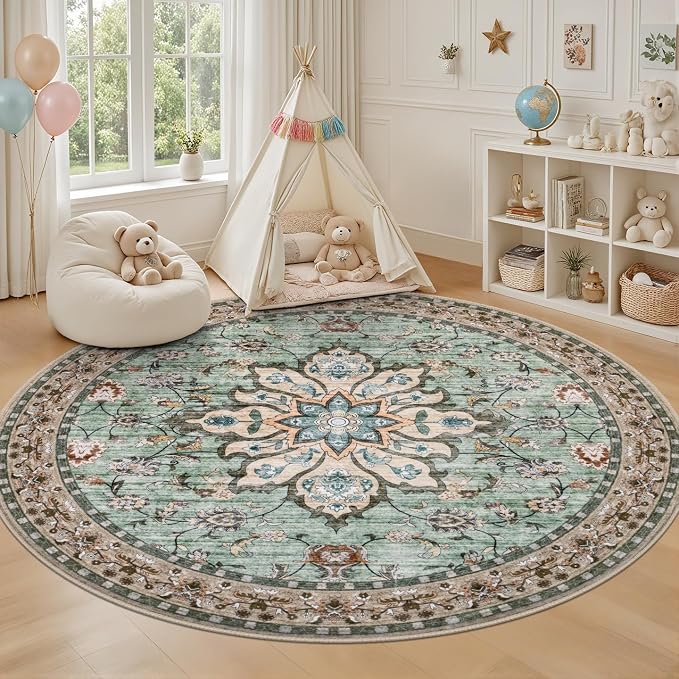 Round Area Rug for Living Room: 6ft Boho Washable Rug Brown Green | Vintage Boho Soft Round Rug Indoor Floor No Slip Carpet Stain Resistant Rugs for Bedroom Dining Room Nursery Home Office