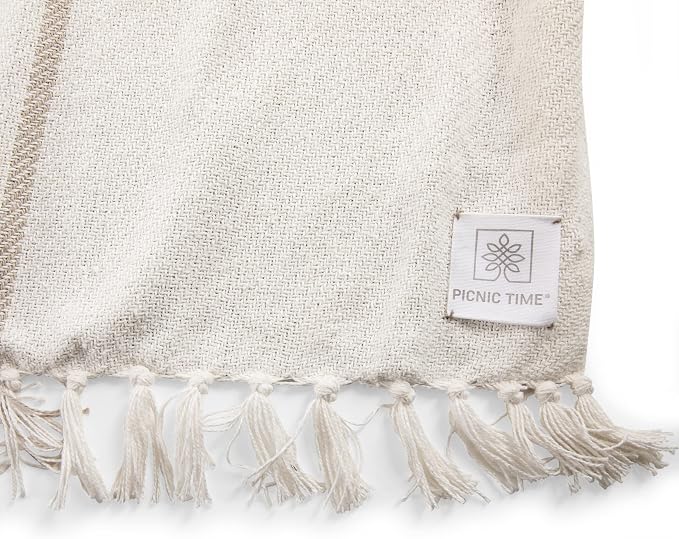 Picnic TIME Montecito Picnic Blanket with Harness, Large 60" x 70" Outdoor Blanket, Woven Cotton Top with Water-Resistant Poly Duck Backing, Sandproof Beach Mat for Camping & Travel (White & Taupe)