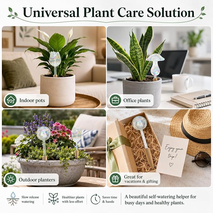 HyJeryty Non-Clogging Iridescent 2 Pack Ball Plant Watering Globes with Terracotta Spikes, Hand Blown Glass Self Watering Planter Insert Plant Watering Devices Bulbs for Indoor and Outdoor Plants