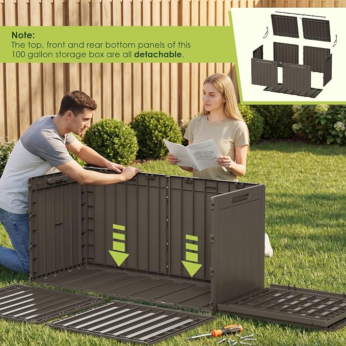 Devoko 100 Gallon Outdoor Storage Box, Waterproof Resin Deck Box for Patio Furniture, Lockable Container for Garden Cushions & Pool Supplies (Brown, 100 Gallon)