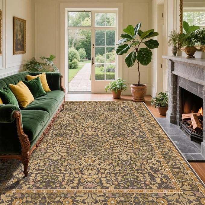 5x7 Washable Area Rugs for Living Room, Stain Resistant Vintage Rugs for Dining Room Under Kitchen Table, Bedroom, Floral Low Pile Non-Slip Large Carpet (5 x 7 Goldenrod)