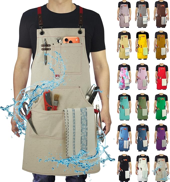 Work Aprons, Canvas Apron, Waterproof, Colorful Spots | Multiple Pockets for Cooking, Painting, Crafting, Gardening, Sizes M to XXL