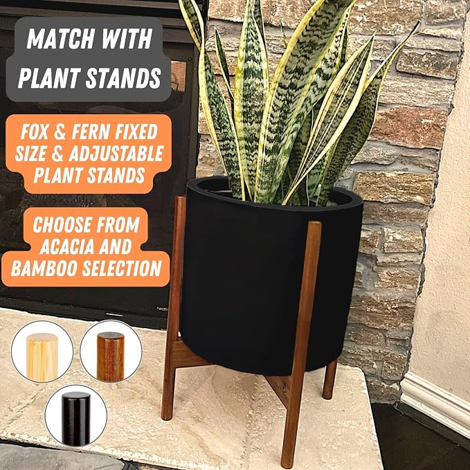 Fox & Fern Large Indoor Planter, Modern Large Plant Pot for Indoor or Outdoor, UV and Frost Resistant - 12 Inch, Fiberstone, Matte Black Flower Pot with Drainage Plug, Lightweight