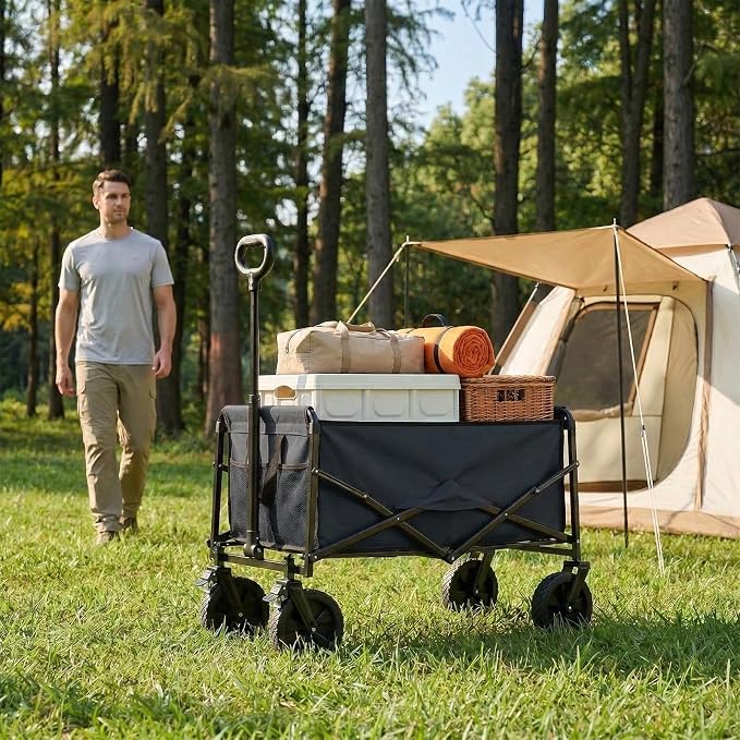 NEWBULIG Collapsible Wagon Cart, 102L Standard, Portable Heavy Duty Pull Cart with Lockable Wheels, 330 lbs Capacity, Adjustable Handle for Beach, Sports, Camping, Shopping & Garden, Black