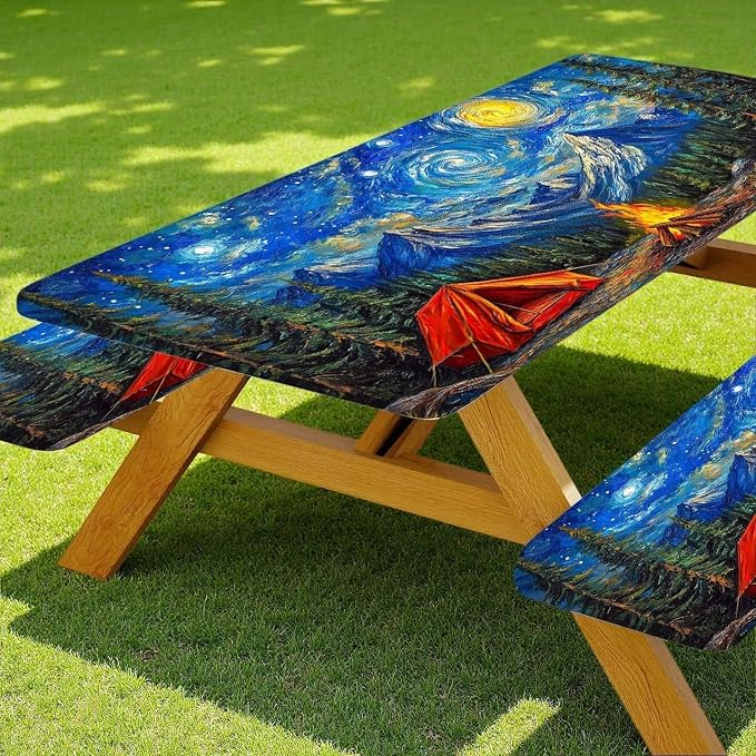 Picnic Table Cover with Bench Covers Elastic Edges, Forest Night Sky Camper Fitted Table Cover, Outdoor Patio Camping Essentials 3PCS, 60in, Waterproof Camping Fitted Tablecloth with Drawstring Bag