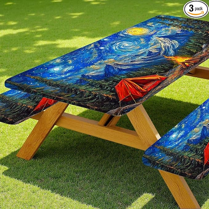 Picnic Table Cover with Bench Covers Elastic Edges, Forest Night Sky Camper Fitted Table Cover, Outdoor Patio Camping Essentials 3PCS, 96in, Waterproof Camping Fitted Tablecloth with Drawstring Bag