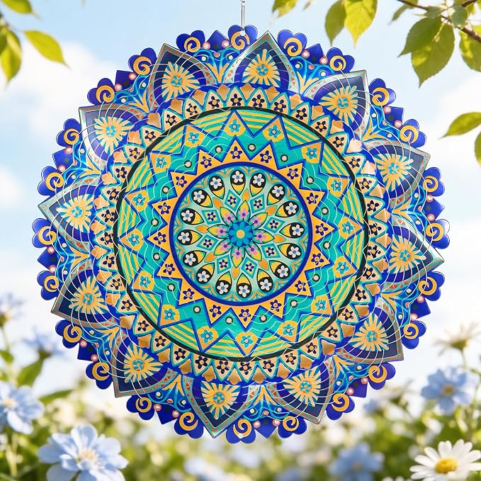 Mandala Wind Spinners Outdoor, IDEA SHOW Stainless Steel Wind Spinners Outside, 3D Kinetic Hanging Sculpture, Rustproof Metal Garden Decor Ornaments for Yard Art, Women, Men, Holidays