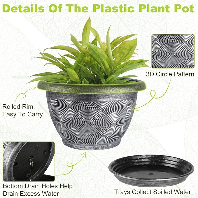 8-Inch-Plastic -Pots-for -Plant with Saucer, 4 Pack Outdoor Planters with Drainage Holes, Decorative Flower Pots for Indoor Plants, Modern 3D Swirl Silver Plant Pots with with Removable Tray