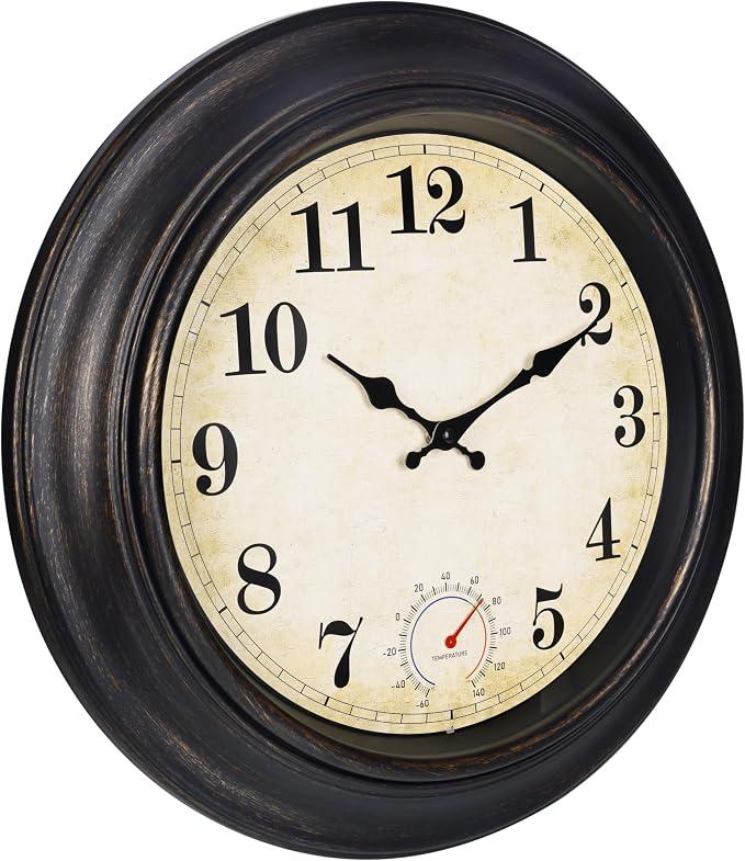 Large Outdoor Clocks Waterproof with Thermometer Combo Vintage Outdoor Wall Clock Decor for Patio Pool Garden(18 Inch)