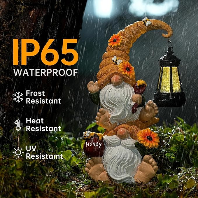 Solar Bee Garden Gnomes with LED Lantern, 12.2-Inch Outdoor Statue | Hand-painted weather-resistant resin decor for patio, lawn, porch and yard; gift for women, moms, grandmas, bee lovers