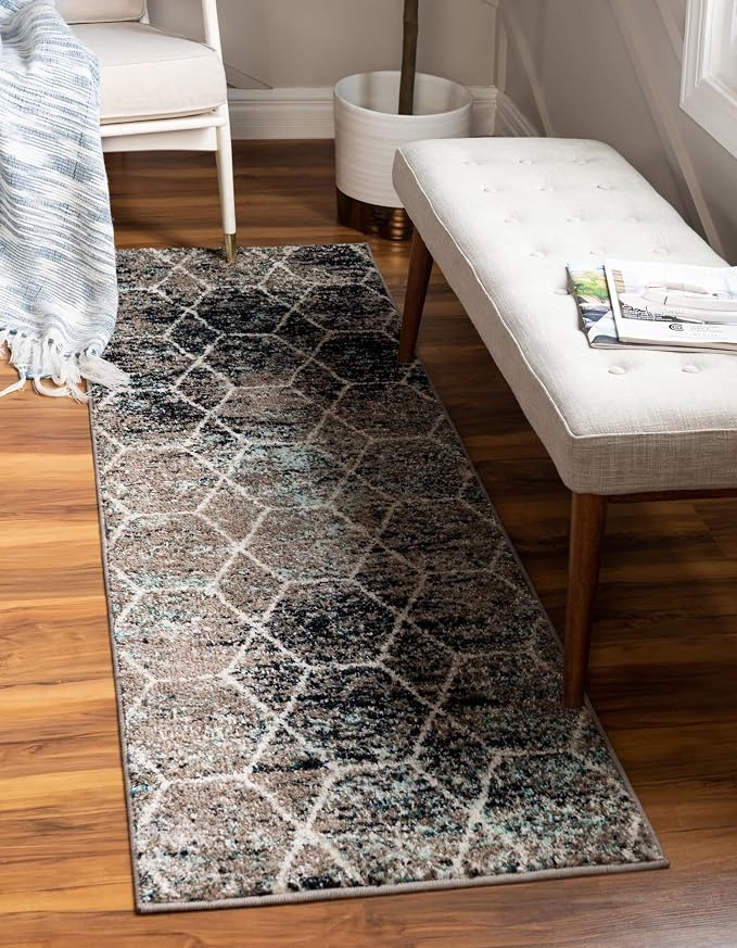 Unique Loom Trellis Frieze Collection Area Rug - Geometric (2' x 10' Runner, Blue Multi/ Ivory)
