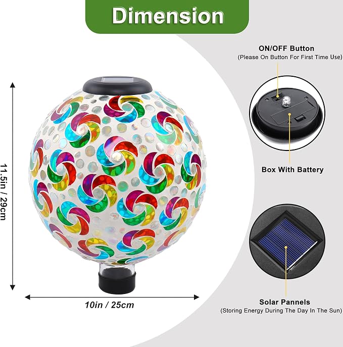 SAVENNA Mosaic Solar Gazing Ball 10 Inch, Glass Garden Globe with Auto On/Off for Yard, Lawn & Outdoor Decor, Multicolor Mosaic