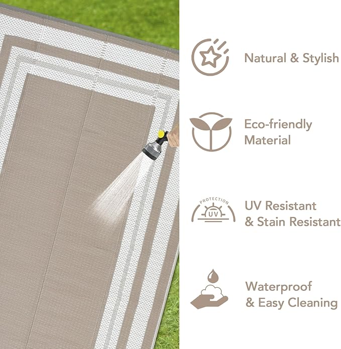 Garvee 9x12 Outdoor Rug for Patio Waterproof Reversible Mat Plastic Straw Rug Lightweight Foldable Carpet Easy Clean Large Rugs for Patio Porch Backyard Camping RV Beach Balcony Deck Panel Grey Brown