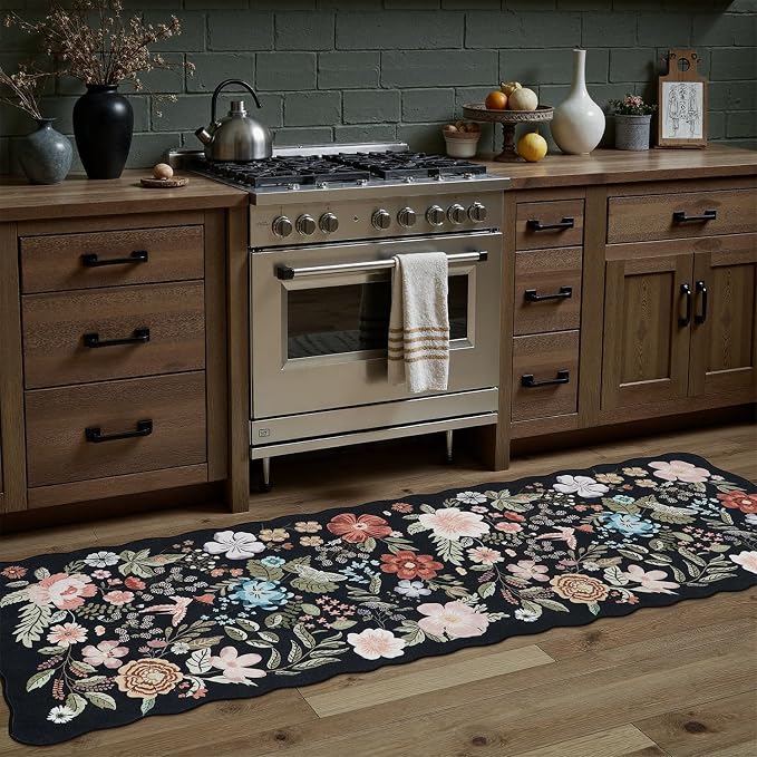 DCX Vintage Floral Washable Area Rug 2x6, Non Slip Low Pile Rug, Black | Rugs for entryway, kitchen, dining room, office, soft, kid & pet friendly, sain resistant indoor carpet, home decor