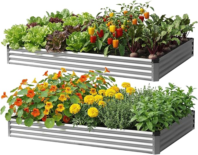 2Packs 8x4x1 FT Raised Garden Beds Outdoor, Planter Raised Beds for Gardening, Vegetables, Flowers, Metal Garden Box, Deep Plant Flower pots Outdoor (Silver)