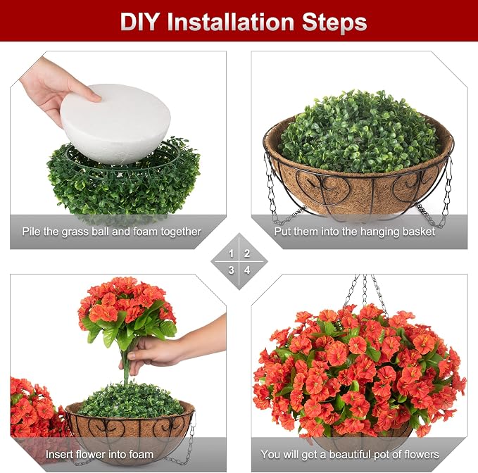 Ammyoo Artificial Hanging Flower Plants with Basket for Summer Fall Outdoor Decoration, Faux Petunias Flowers Fake Morning Glories in Basket for Outside Patio Garden Porch Balcony Yard Decor(Orange)