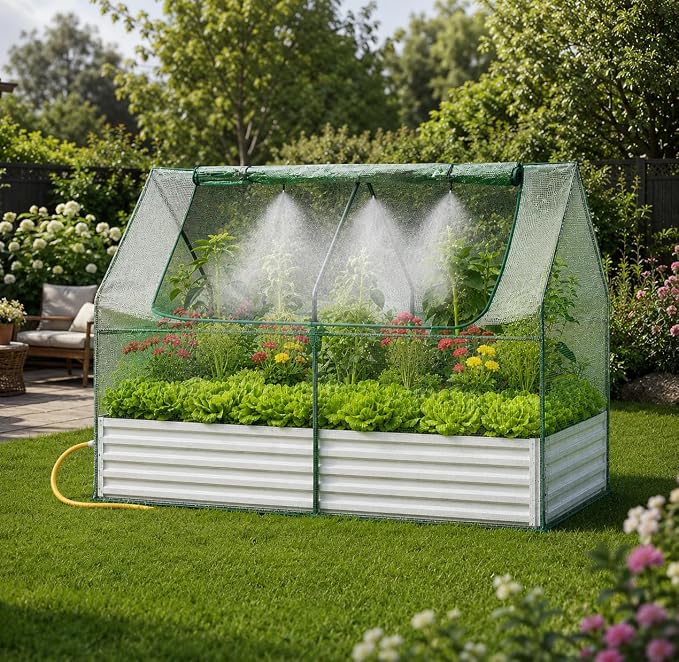 Garvee 48"x24"x12" Raised Garden Bed Kit with Pitched Roof Greenhouse Cover & Irrigation, 3-in-1 Metal Planter Box with Self-Watering System & Insect Mesh, Outdoor Raised Bed for Vegetables Flowers
