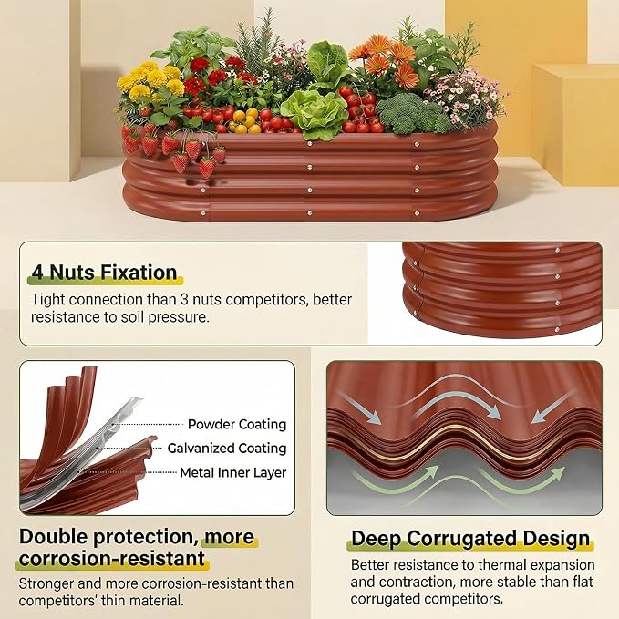 Land Guard 2 Pcs 6ft Metal Raised Garden Bed, 6 x 3 x 1 Galvanized Planter Raised Beds for Vegetables, Brown