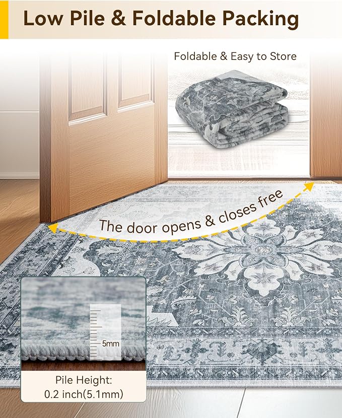 RELEANY Washable Area Rug, Runner 2'x6', Grey/White/Beige | Non-Slip, Water Repellent, Pet Friendly, Easy to Clean, Vintage Floral Boho Decor for Kitchen Entry Bedroom Bedside Laundry