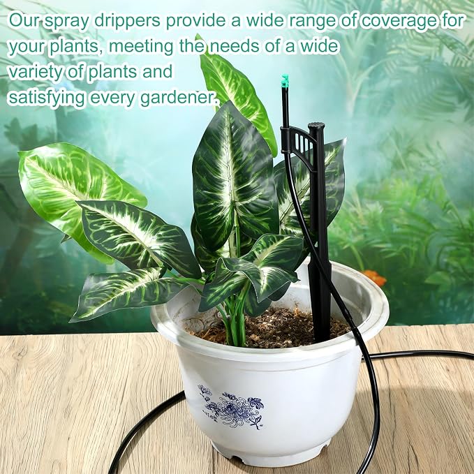 50 Pcs 12.8 Inch Drip Irrigation Stakes with 180 Degree Sprayer Emitters and Sprinkler Extension Riser 1/4 Inch Drip Line Sprinkler Support Stakes for Garden Watering System,Green