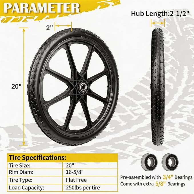 20'' Flat-Free Tire and Wheel, 250LB Capacity Each, Compatible with R ubbermaid Wheelbarrow, Includes 3/4'' & 5/8'' Bearings, 2.5'' Hub, for Garden Cart, Big Wheel Utility Carts, 2 Pack