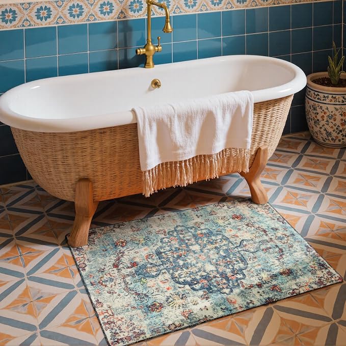 Lahome Reine Bohemian Floral Medallion Area Rug - 2x3 Vintage Teal Distressed Small Entryway Rug Turkish Doormat Faux Wool Non-Slip Washable Low-Pile Carpet for Bathroom Kitchen Laundry Room Decor