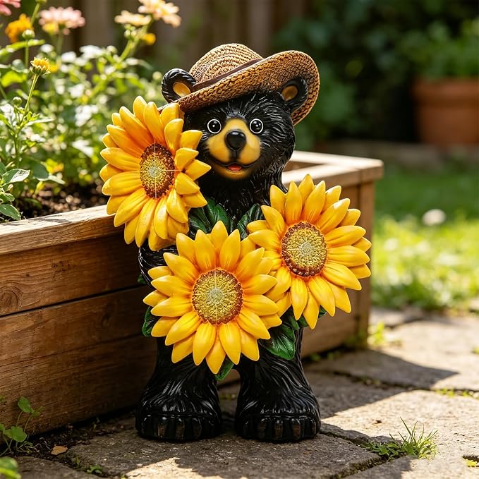 Bear Statue with Sunflowers LED Light 7.2" Solar Lamp Outdoor Garden Patio Yard Porch Lawn Decor Waterproof Resin Black Bear Figurine Unique Garden Gifts for Women Mom Grandma Sister