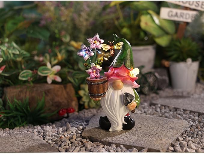 Outdoor Garden Gnomes Statues with Solar Lights Gnomes Gardening Birthday Gifts for Women Mom Grandma, Gnome Sculpture Figurine Outside Garden Decorations for Yard Patio Porch Lawn Backyard Decor