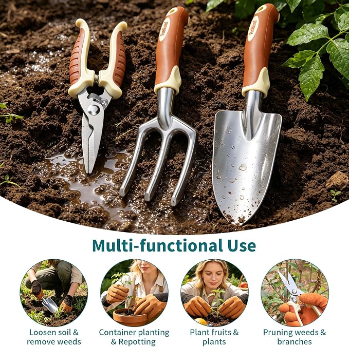 4-Piece Brown Garden Tools Set, Patioland Ergonomic Gardening Hand Tools w/Trowel,Cultivator Rake,Pruning Shear & Gloves for Digging Weeding,Yard Tool Gift for Women Men Grandma Gardener Plant Lovers