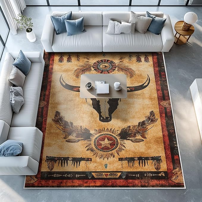 Western Area Rug Southwestern Cow Washable 8x10 Navajo Tribal Rugs for Living Room Bedroom Cowboy Rustic Non-Slip Soft Floor Large Carpet for Office Entryway Bathroom