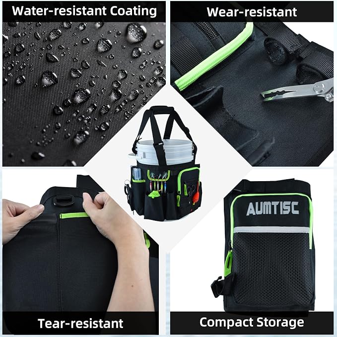 AUMTISC 5 Gallon Bucket Fishing Organizer, Waterproof Ice Fishing Bucket Tool Bag with Rod and Tackle Boxes Holder, Multi-Pocket Tool Caddy Bags for Fishing Gear and Equipment